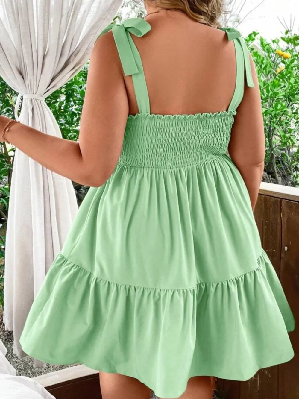 Smocked Tie-Shoulder Midi Dress in Mint Green 1XL - Picture 2 of 3
